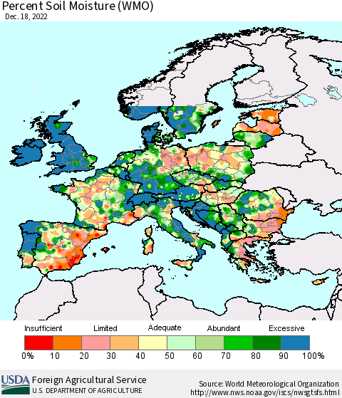 Europe Percent Soil Moisture (WMO) Thematic Map For 12/12/2022 - 12/18/2022