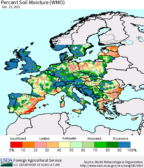 Europe Percent Soil Moisture (WMO) Thematic Map For 12/19/2022 - 12/25/2022