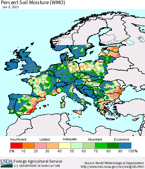 Europe Percent Soil Moisture (WMO) Thematic Map For 1/2/2023 - 1/8/2023