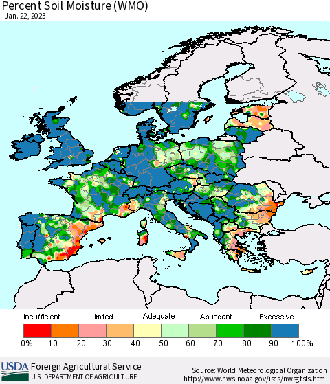Europe Percent Soil Moisture (WMO) Thematic Map For 1/16/2023 - 1/22/2023