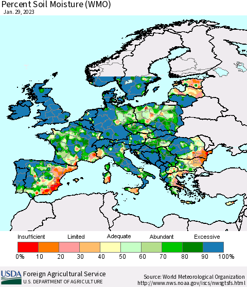 Europe Percent Soil Moisture (WMO) Thematic Map For 1/23/2023 - 1/29/2023