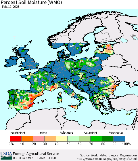 Europe Percent Soil Moisture (WMO) Thematic Map For 2/13/2023 - 2/19/2023