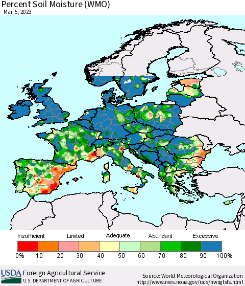 Europe Percent Soil Moisture (WMO) Thematic Map For 2/27/2023 - 3/5/2023