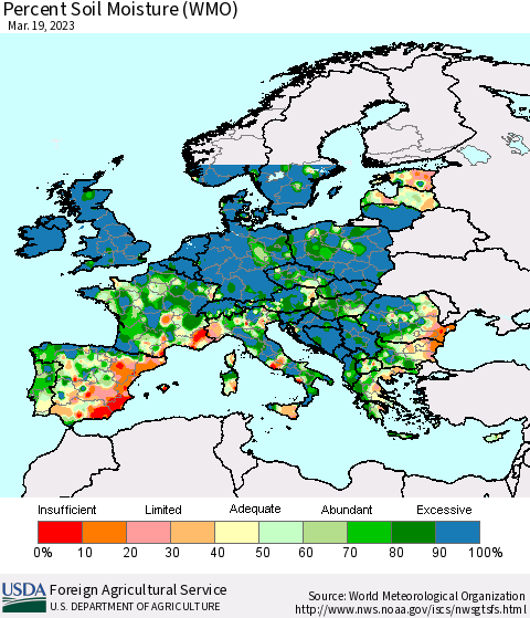Europe Percent Soil Moisture (WMO) Thematic Map For 3/13/2023 - 3/19/2023