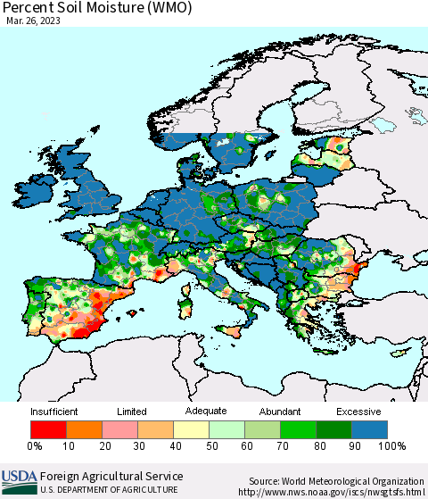 Europe Percent Soil Moisture (WMO) Thematic Map For 3/20/2023 - 3/26/2023