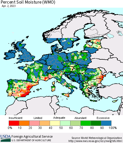 Europe Percent Soil Moisture (WMO) Thematic Map For 3/27/2023 - 4/2/2023