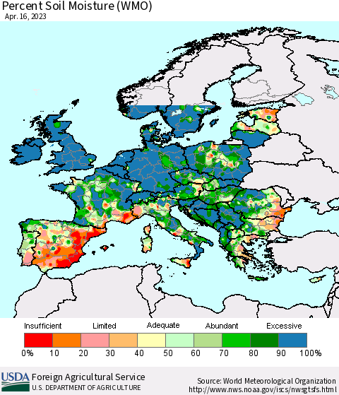 Europe Percent Soil Moisture (WMO) Thematic Map For 4/10/2023 - 4/16/2023