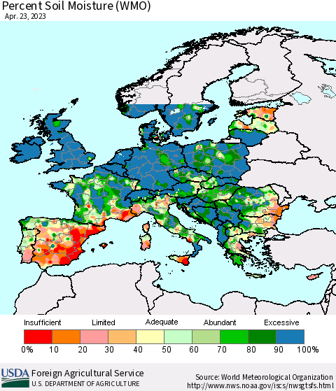 Europe Percent Soil Moisture (WMO) Thematic Map For 4/17/2023 - 4/23/2023
