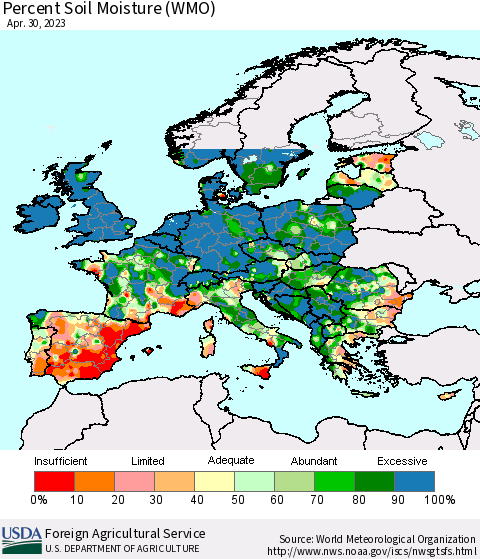 Europe Percent Soil Moisture (WMO) Thematic Map For 4/24/2023 - 4/30/2023