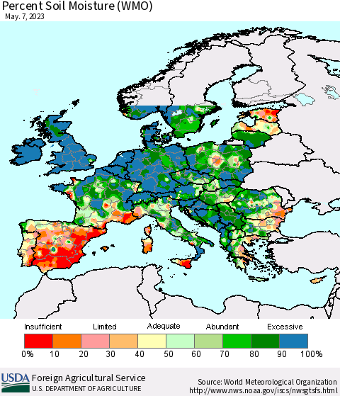 Europe Percent Soil Moisture (WMO) Thematic Map For 5/1/2023 - 5/7/2023