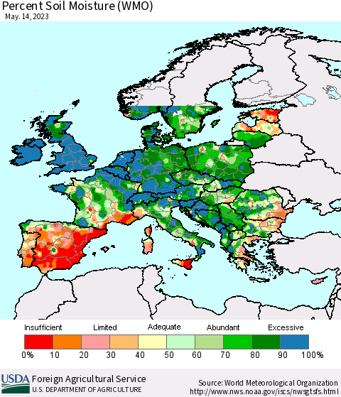 Europe Percent Soil Moisture (WMO) Thematic Map For 5/8/2023 - 5/14/2023