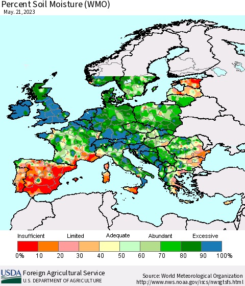 Europe Percent Soil Moisture (WMO) Thematic Map For 5/15/2023 - 5/21/2023