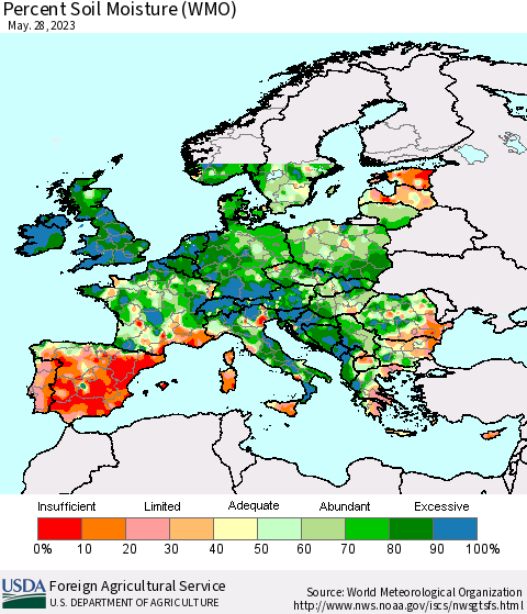 Europe Percent Soil Moisture (WMO) Thematic Map For 5/22/2023 - 5/28/2023