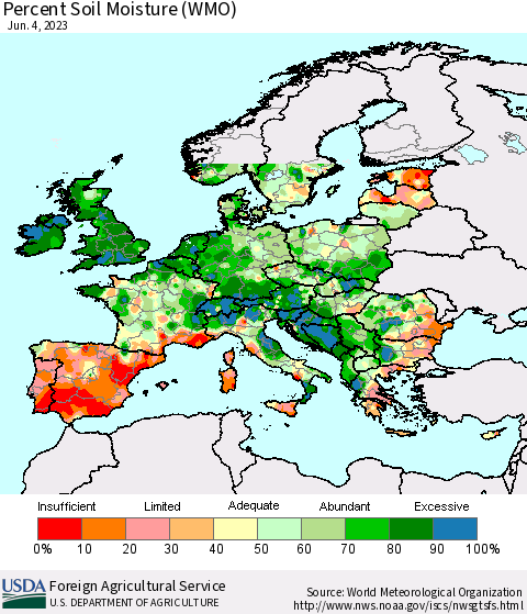 Europe Percent Soil Moisture (WMO) Thematic Map For 5/29/2023 - 6/4/2023