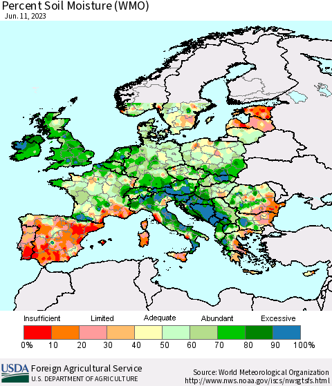 Europe Percent Soil Moisture (WMO) Thematic Map For 6/5/2023 - 6/11/2023