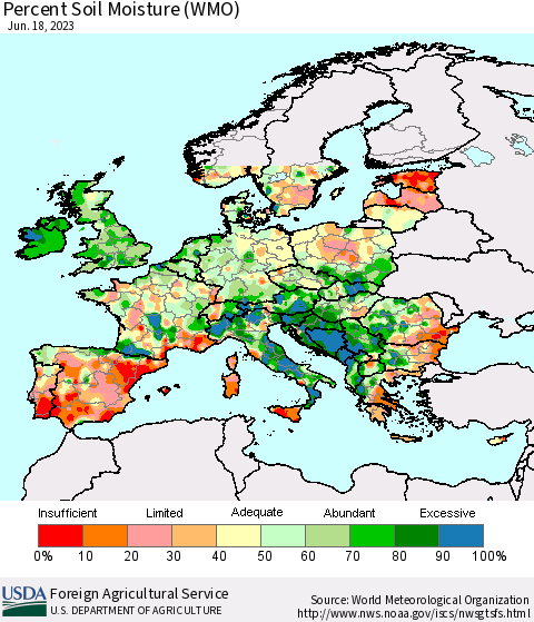 Europe Percent Soil Moisture (WMO) Thematic Map For 6/12/2023 - 6/18/2023