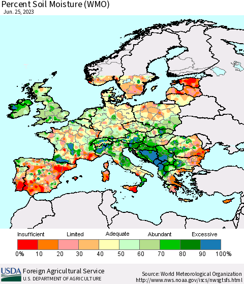 Europe Percent Soil Moisture (WMO) Thematic Map For 6/19/2023 - 6/25/2023