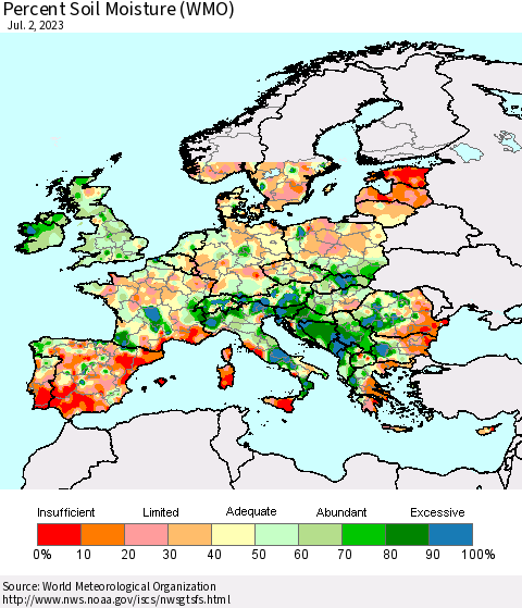 Europe Percent Soil Moisture (WMO) Thematic Map For 6/26/2023 - 7/2/2023