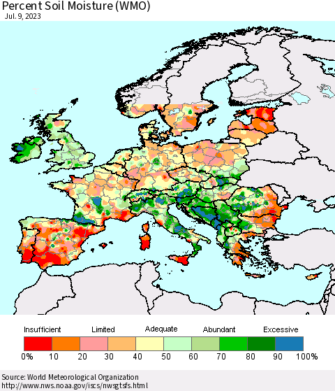Europe Percent Soil Moisture (WMO) Thematic Map For 7/3/2023 - 7/9/2023