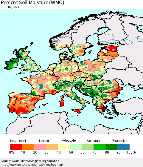 Europe Percent Soil Moisture (WMO) Thematic Map For 7/10/2023 - 7/16/2023