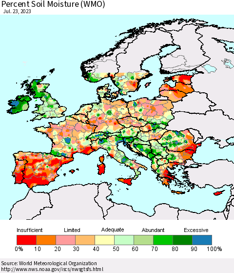 Europe Percent Soil Moisture (WMO) Thematic Map For 7/17/2023 - 7/23/2023