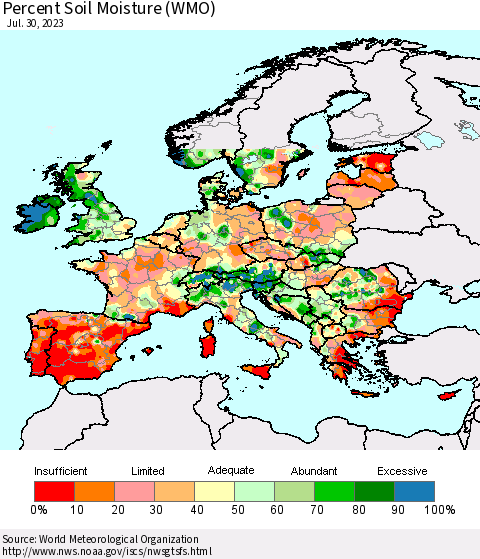 Europe Percent Soil Moisture (WMO) Thematic Map For 7/24/2023 - 7/30/2023
