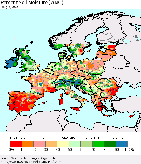 Europe Percent Soil Moisture (WMO) Thematic Map For 7/31/2023 - 8/6/2023