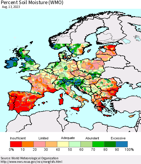 Europe Percent Soil Moisture (WMO) Thematic Map For 8/7/2023 - 8/13/2023