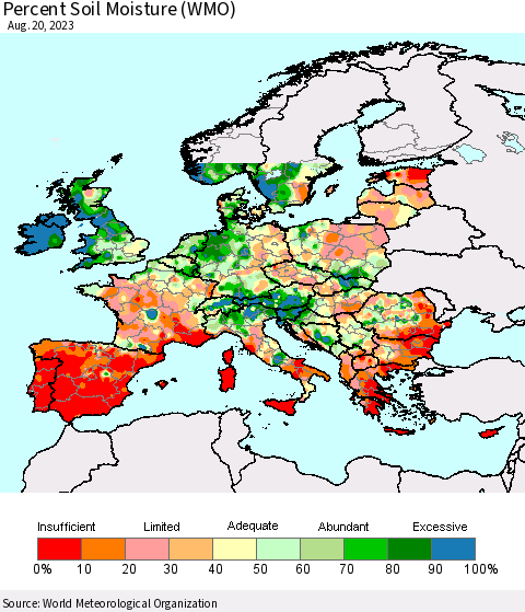 Europe Percent Soil Moisture (WMO) Thematic Map For 8/14/2023 - 8/20/2023
