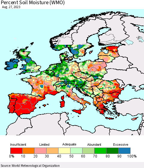 Europe Percent Soil Moisture (WMO) Thematic Map For 8/21/2023 - 8/27/2023