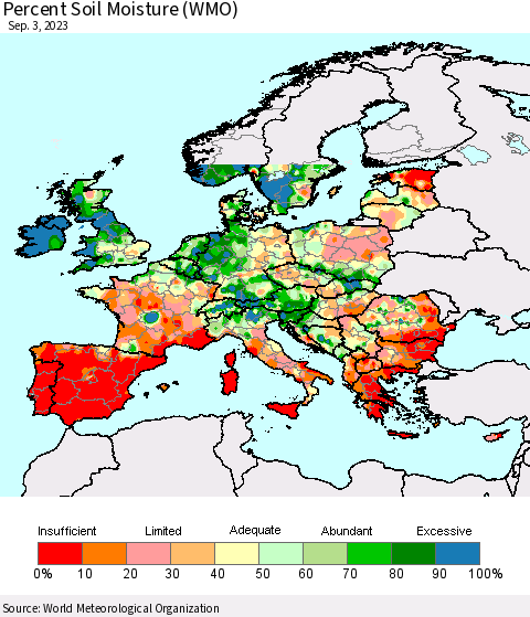 Europe Percent Soil Moisture (WMO) Thematic Map For 8/28/2023 - 9/3/2023