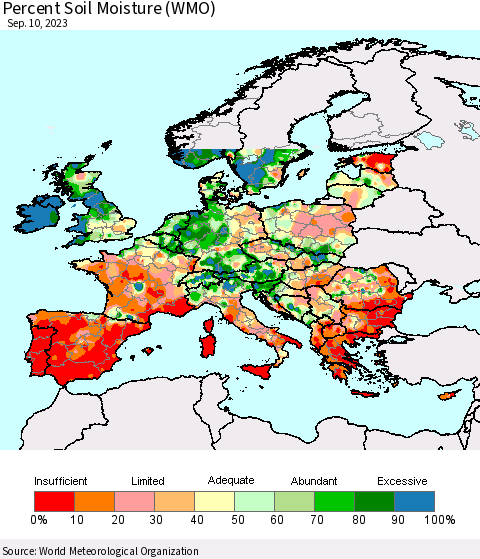 Europe Percent Soil Moisture (WMO) Thematic Map For 9/4/2023 - 9/10/2023