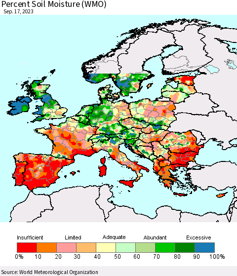 Europe Percent Soil Moisture (WMO) Thematic Map For 9/11/2023 - 9/17/2023