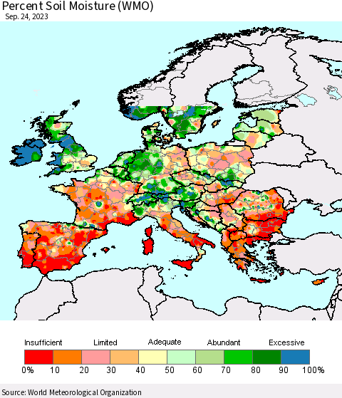Europe Percent Soil Moisture (WMO) Thematic Map For 9/18/2023 - 9/24/2023