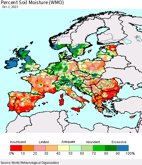 Europe Percent Soil Moisture (WMO) Thematic Map For 9/25/2023 - 10/1/2023
