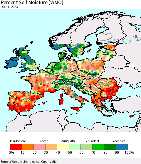 Europe Percent Soil Moisture (WMO) Thematic Map For 10/2/2023 - 10/8/2023