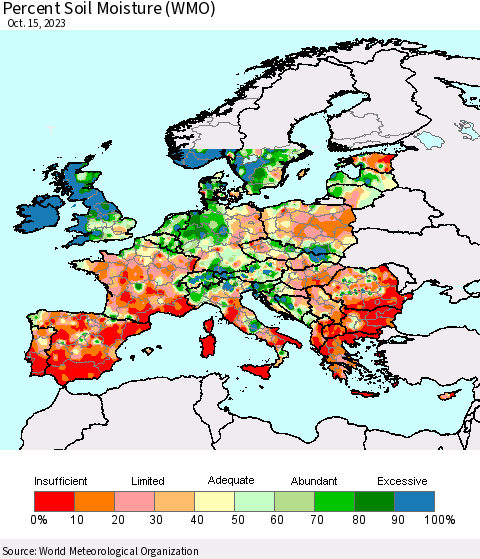 Europe Percent Soil Moisture (WMO) Thematic Map For 10/9/2023 - 10/15/2023