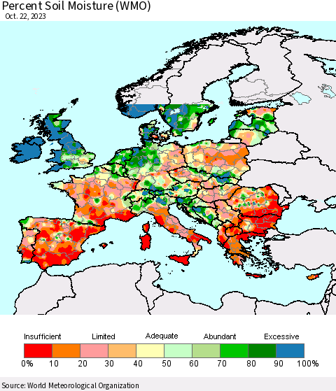 Europe Percent Soil Moisture (WMO) Thematic Map For 10/16/2023 - 10/22/2023