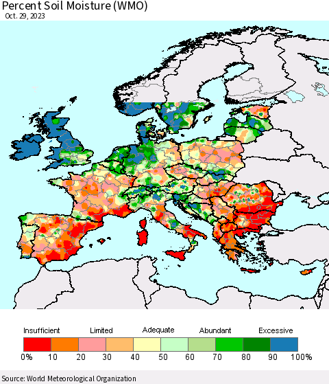 Europe Percent Soil Moisture (WMO) Thematic Map For 10/23/2023 - 10/29/2023