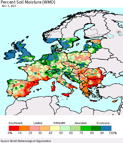 Europe Percent Soil Moisture (WMO) Thematic Map For 10/30/2023 - 11/5/2023