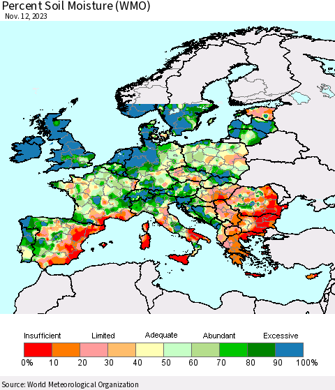 Europe Percent Soil Moisture (WMO) Thematic Map For 11/6/2023 - 11/12/2023