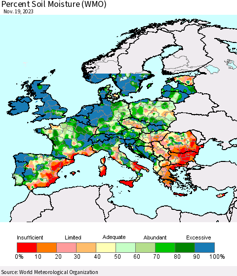 Europe Percent Soil Moisture (WMO) Thematic Map For 11/13/2023 - 11/19/2023