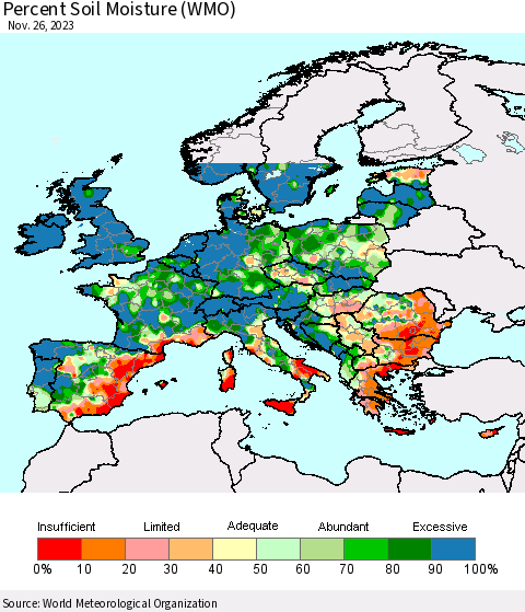 Europe Percent Soil Moisture (WMO) Thematic Map For 11/20/2023 - 11/26/2023