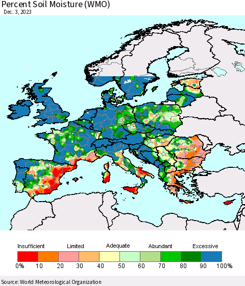Europe Percent Soil Moisture (WMO) Thematic Map For 11/27/2023 - 12/3/2023