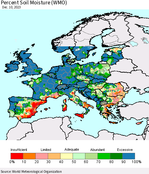 Europe Percent Soil Moisture (WMO) Thematic Map For 12/4/2023 - 12/10/2023