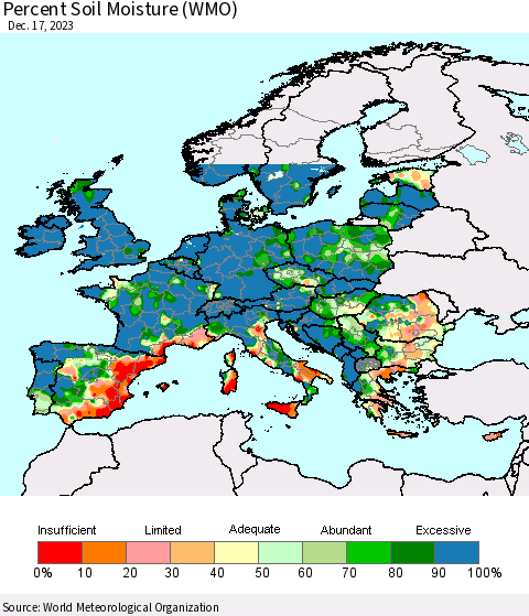 Europe Percent Soil Moisture (WMO) Thematic Map For 12/11/2023 - 12/17/2023