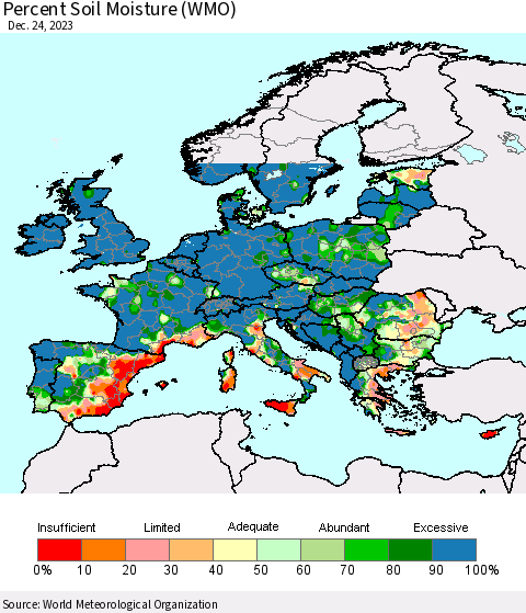 Europe Percent Soil Moisture (WMO) Thematic Map For 12/18/2023 - 12/24/2023
