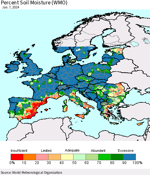 Europe Percent Soil Moisture (WMO) Thematic Map For 1/1/2024 - 1/7/2024