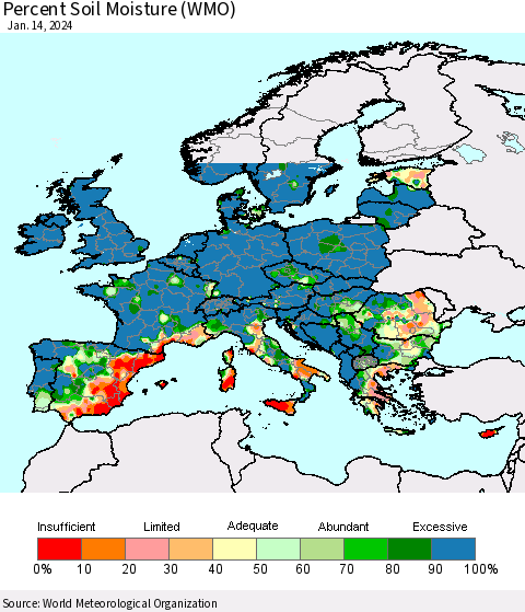 Europe Percent Soil Moisture (WMO) Thematic Map For 1/8/2024 - 1/14/2024