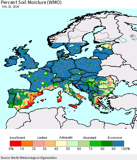 Europe Percent Soil Moisture (WMO) Thematic Map For 2/12/2024 - 2/18/2024